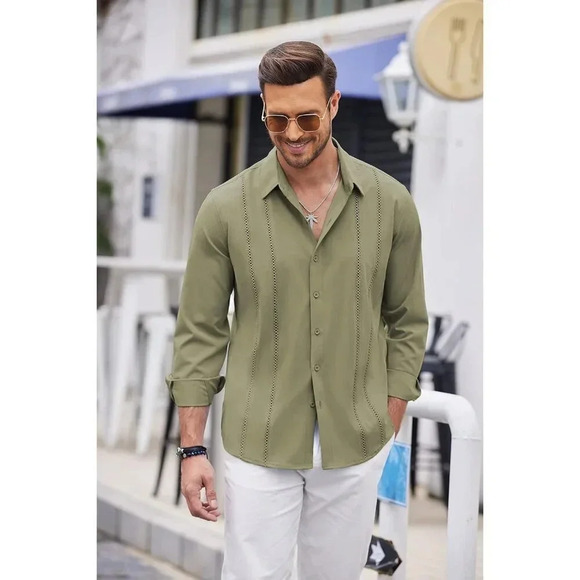 ❤️Mens Green Cuban Shirt Casual Button Down Shirts Long Sleeve Beach  Shirts - Picture 4 of 7